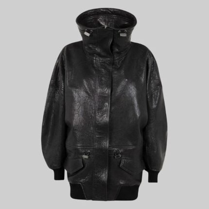 Black oversized leather jacket front view