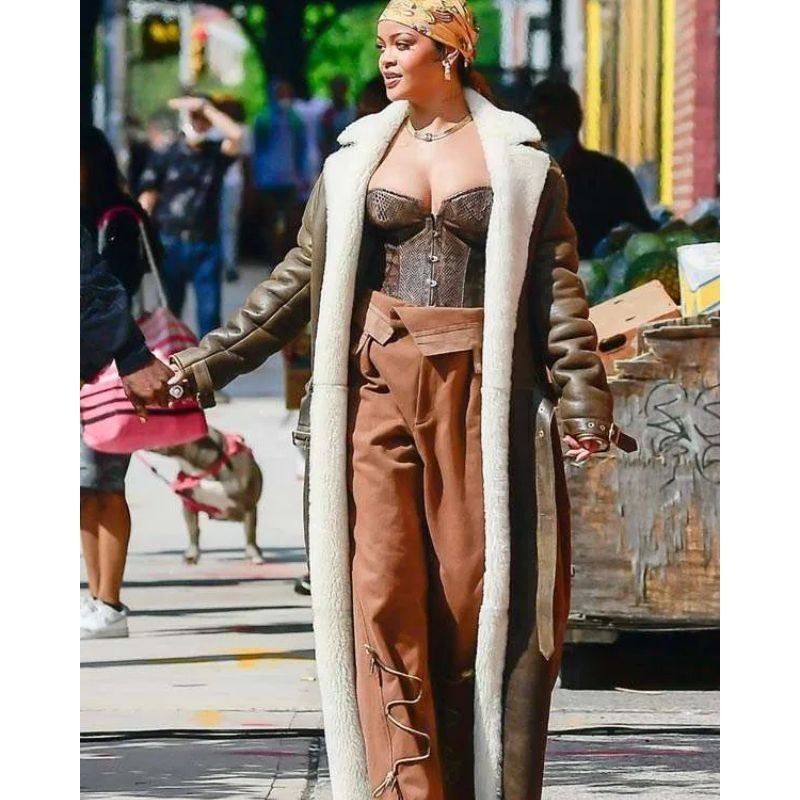 Rihanna-Brown-Shearling-Trench-Coat Rihanna Brown Shearling Trench Coat - Image 1