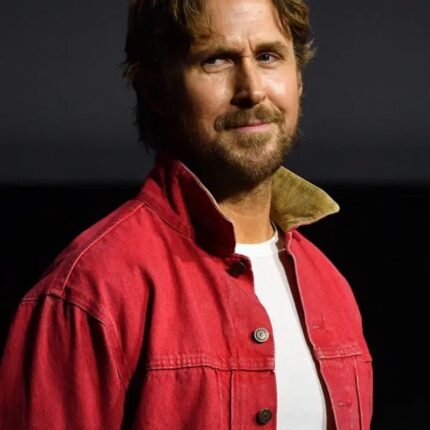 Close-up of Ryan Gosling wearing the Marvel SDCC 2026 Red Jacket highlighting the classic collar and buttoned front.