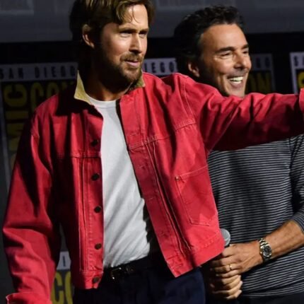 Ryan Gosling wearing the Marvel SDCC 2026 Red Jacket in a front view featuring a buttoned closure and classic style collar.