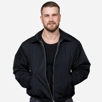 Black premiere-inspired bomber jacket with rounded collar, full sleeves, and front zipper