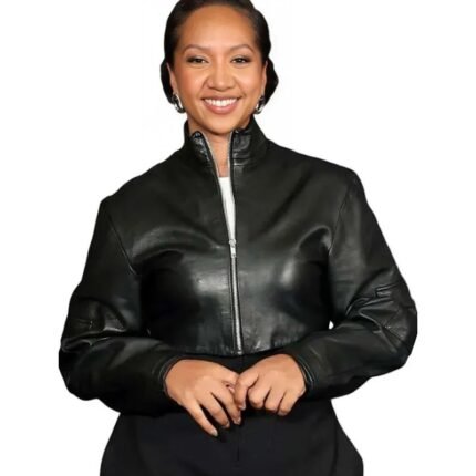 Black leather jacket with stand-up collar and zip front shown on a woman