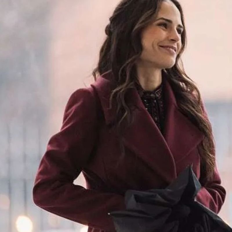 Simulant-2023-Jordana-Brewster-Wool-Trench-Coat Jordana Brewster Simulant 2023 Maroon Coat - Image 1