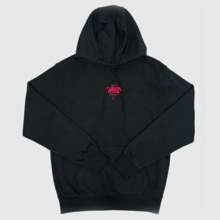 Sophie Cunningham Hoodie front view in black with hood, drawstrings, red chest graphic, and kangaroo pocket