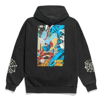 Spider-Man 90s graphic black hoodie showing a colorful comic-style graphic on the back and white spider web designs on both sleeves.