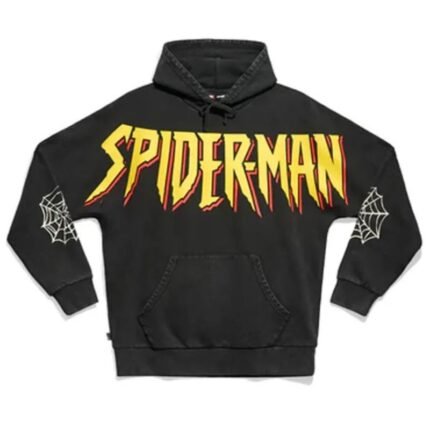 Spider-Man 90s graphic black hoodie with bold yellow Spider-Man lettering, white web designs on the sleeves, ribbed cuffs, and a front kangaroo pocket.