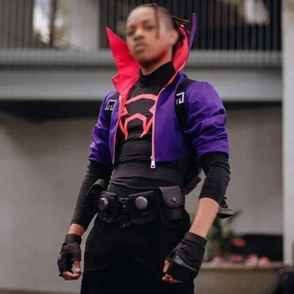 Spider-Man Prowler Jacket in purple worn with a black outfit for a bold character-inspired look.
