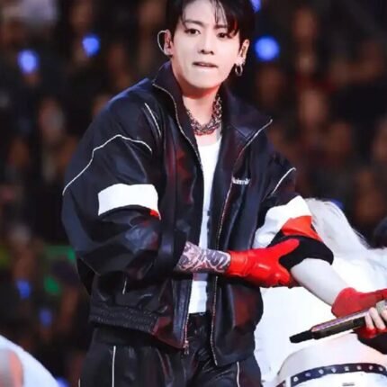 Jungkook wearing a black and red jacket with white sleeve panels during a live performance.