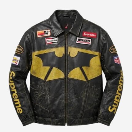 Supreme Batman black leather jacket front view