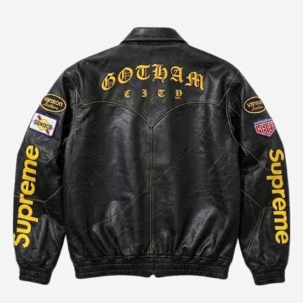 Supreme Batman black leather jacket back view