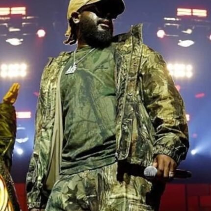 T-Pain Freely Fest 2026 camo track jacket, full front view