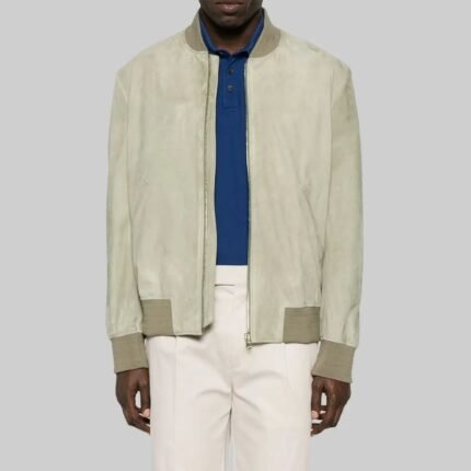 T-Pain suede bomber jacket, front view worn open