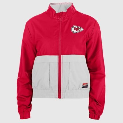 Front view of red and white Kansas City Chiefs zip-up jacket