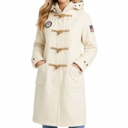 Team USA Olympics 2026 white toggle coat front view with hood and wooden fasteners
