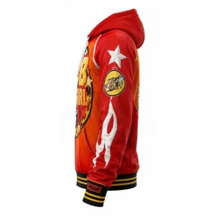 Tekken 8 Bob Onigiri red hoodie side view with sleeve graphic