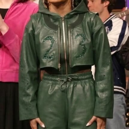 Green Teyana Taylor cropped jacket with hooded collar and zipper