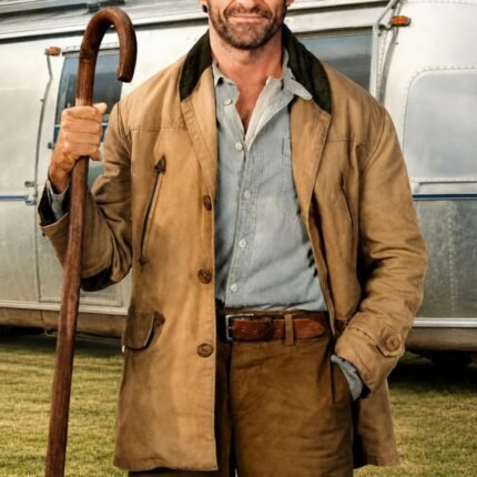 Hugh Jackman inspired brown Sheep Detectives coat worn in a countryside setting