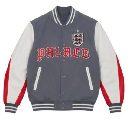 Grey England x Palace varsity jacket front view