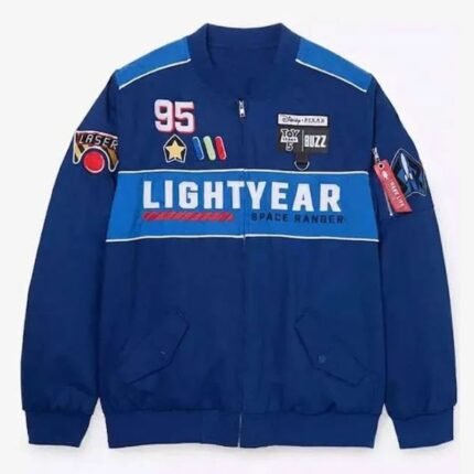 Toy Story Buzz Jacket front view in blue with ribbed collar, cuffs, and zippered front