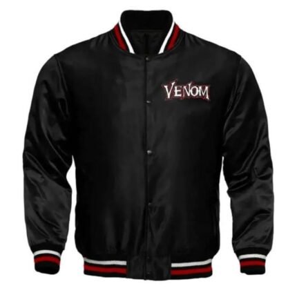 Venom Varsity Jacket in black with leather sleeves, button closure, ribbed cuffs and Venom graphic on the front