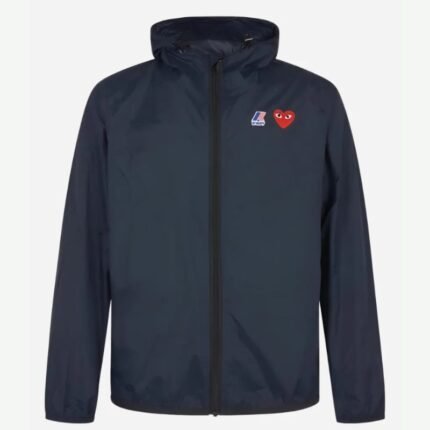 Front view of navy blue hooded jacket with zipper closure and four pockets