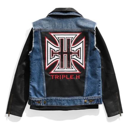 WWE Triple H Denim Leather Jacket back view with large Triple H graphic