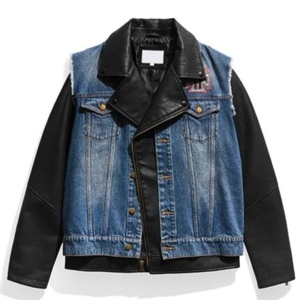 WWE Triple H Jacket in blue denim and black leather with asymmetrical zipper and notch collar