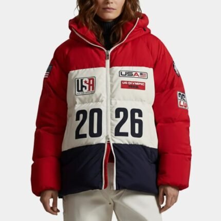 Team USA Puffer Jacket red white front view with 2026 details