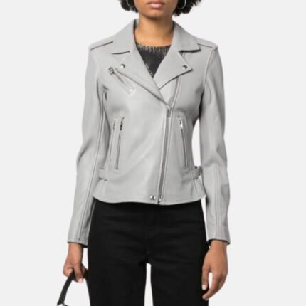 Women’s grey leather biker jacket worn with black pants