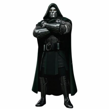 Green hooded cloak inspired by Doctor Doom from Avengers Doomsday with decorative chain clasp front view