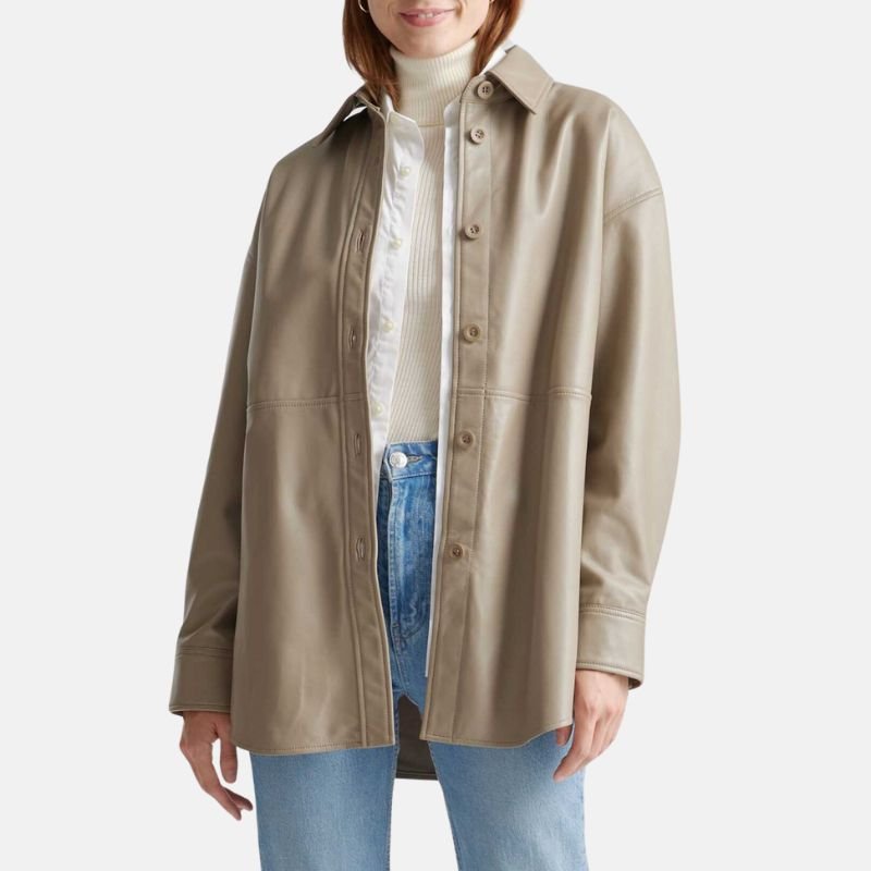 beige-leather-shirt-jacket-womens Women's Beige Leather Shirt Jacket - Image 1