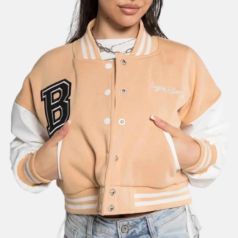 beige-varsity-jacket Beige Baseball Varsity Bomber Jacket Cropped - Image 1