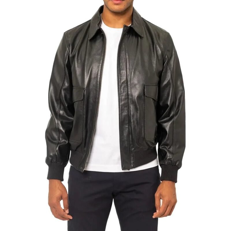 Men’s black leather aviator jacket front view with zipper and flap pockets
