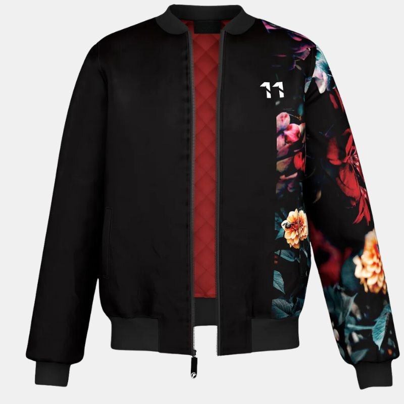 black-floral-bomber-jacket-mens Men's Black Floral Bomber Jacket - Image 1