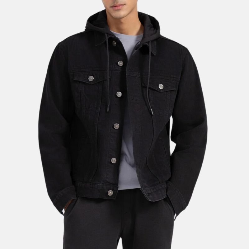 black-hooded-denim-jacket-mens Men's Black Hooded Denim Jacket - Image 1