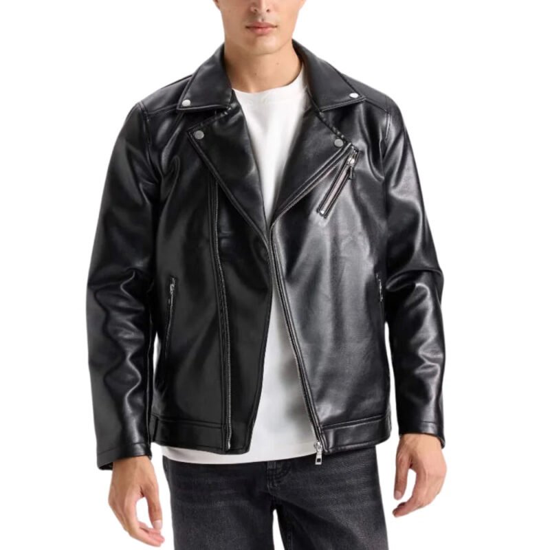 Men's black leather biker jacket with asymmetrical zipper and wide lapel collar.