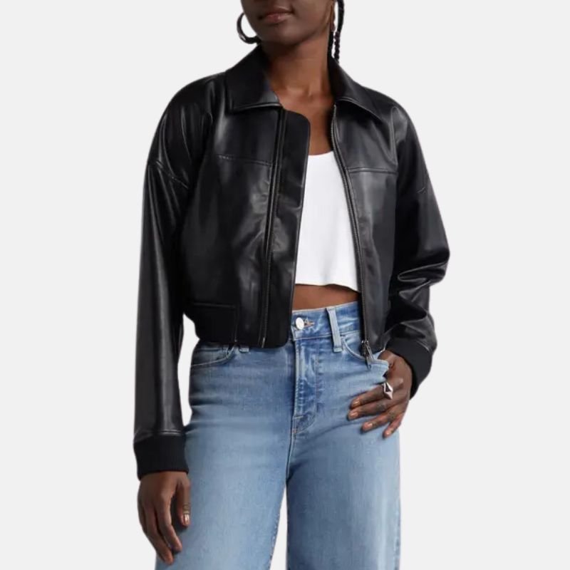 black-leather-bomber-jacket-womens Women's Black Leather Cropped Bomber Jacket - Image 1