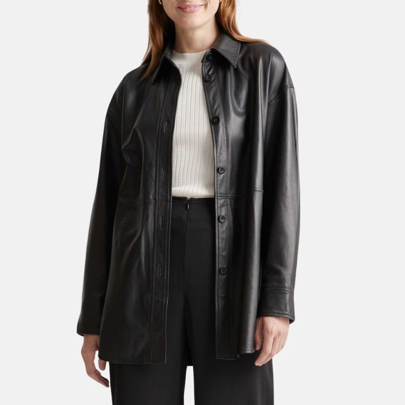 black-leather-womens-shirt-jacket Black Leather Womens Shirt Jacket - Image 1