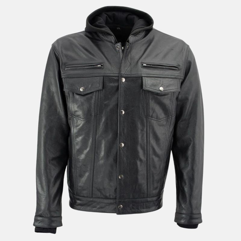 black-men-hooded-leather-jacket Black Mens Hooded Leather Jacket - Image 1