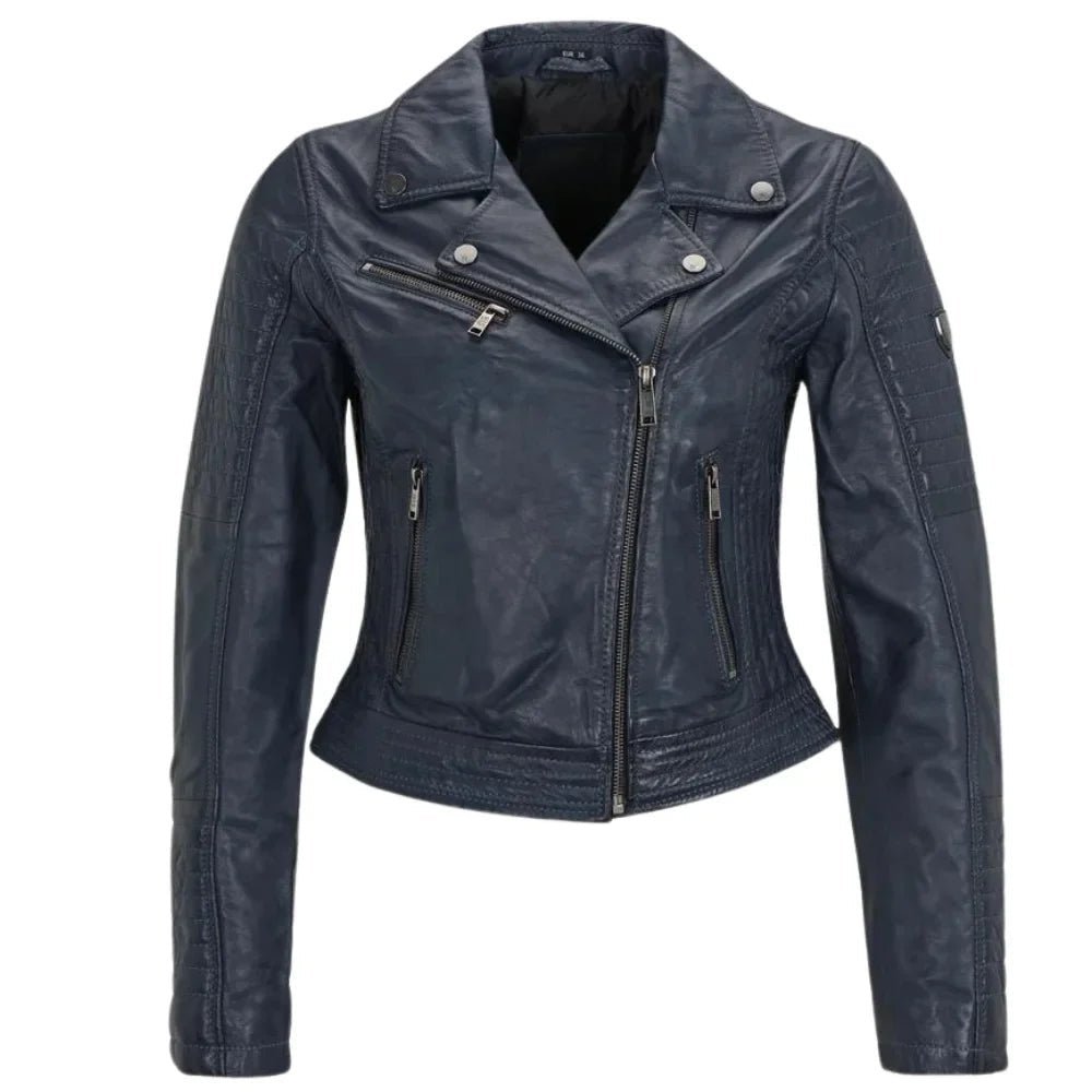 blue-leather-biker-jacket Women's Asymmetrical Biker Blue Leather Jacket - Image 1