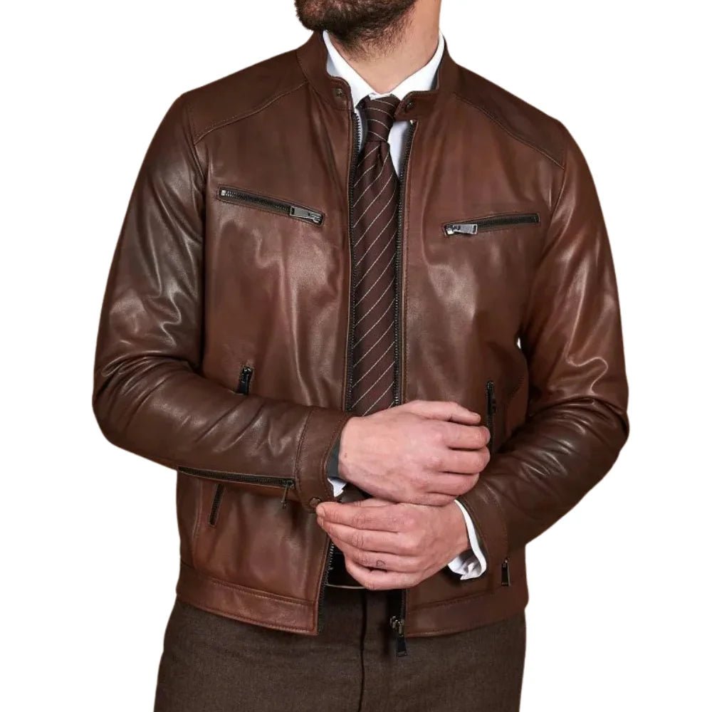 brown-biker-leather-mens-jakcet Men’s Real Lambskin Chocolate Brown Biker Leather Jacket - Image 1
