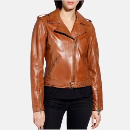 Women’s brown leather motorcycle jacket front view with asymmetrical zipper, lapel collar, waist belt, and zippered cuffs.