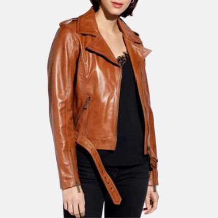 Women’s brown leather motorcycle jacket front view worn open, showing the asymmetrical zipper, lapel collar, waist belt, and zippered cuffs.