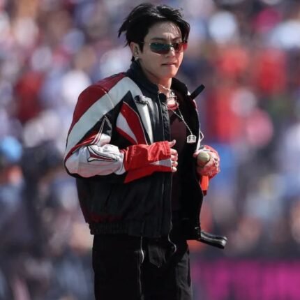 Red white black leather jacket inspired by modern stage fashion