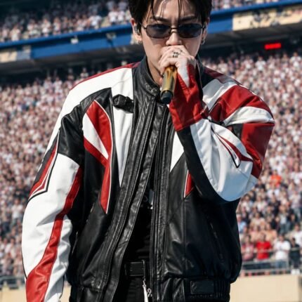 BTS FIFA World Cup Final 2026 red white black leather jacket front view