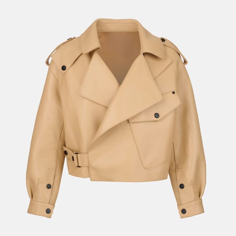 cropped-motorcycle-beige-leather-jacket Beige Cropped Leather Jackets for Women - Image 1
