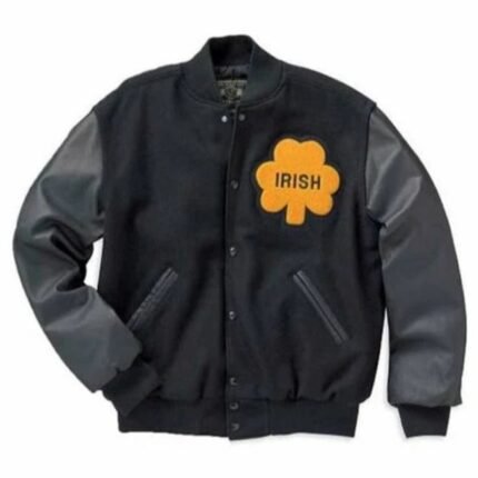 Notre Dame Rudy jacket laid flat, front view with shamrock patch.