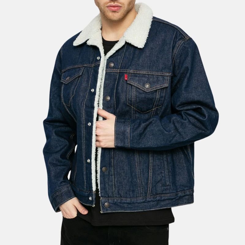 dark-blue-shearling-denim-jacket Men's Dark Blue Shearling Denim Jacket - Image 1