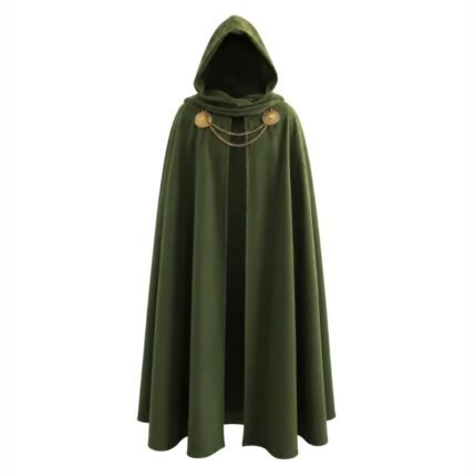 Avengers Doomsday Doctor Doom Green Hooded Cloak with attached hood and decorative chain clasp