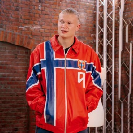 rling Haaland wearing red Norway jacket